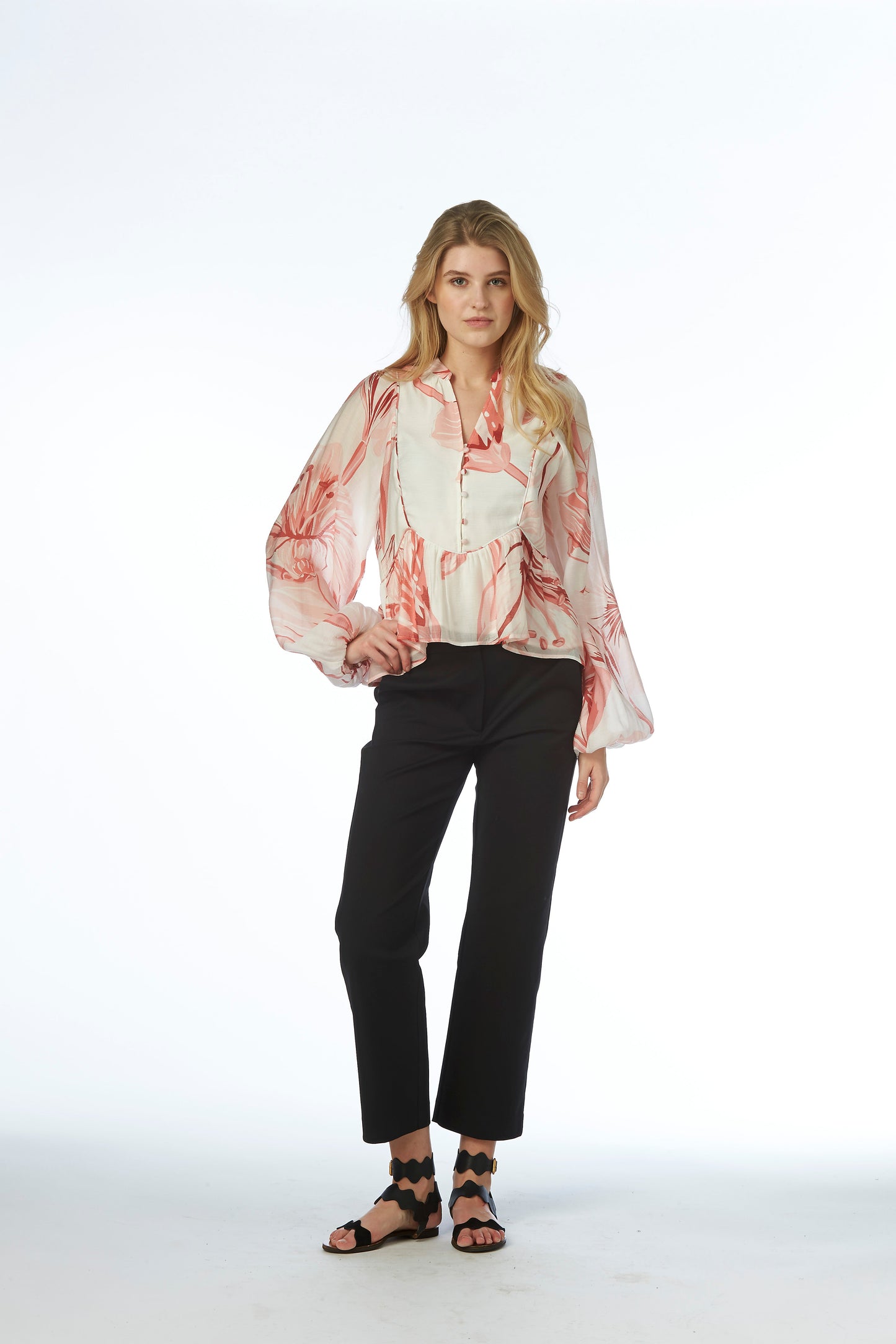 Nova Blouse - White with pink lillies