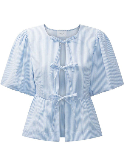 Mya bow bluse - white with blue stripes Helene Studios