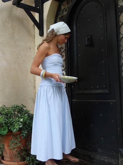 Mya Tube Dress - White with blue stripes Helene Studios