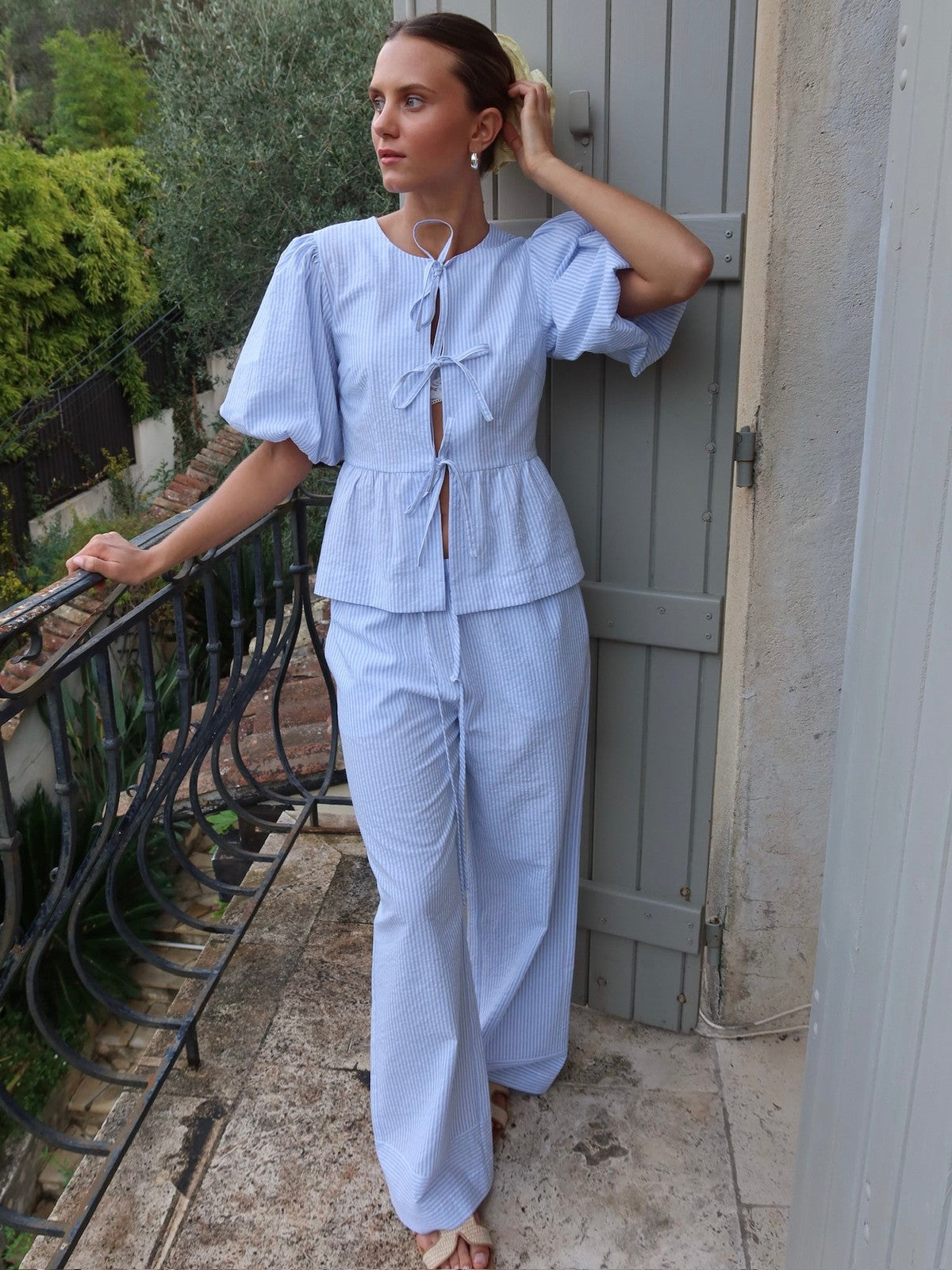 Mya bow bluse - white with blue stripes Helene Studios