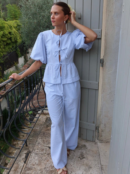 Mya bow bluse - white with blue stripes Helene Studios