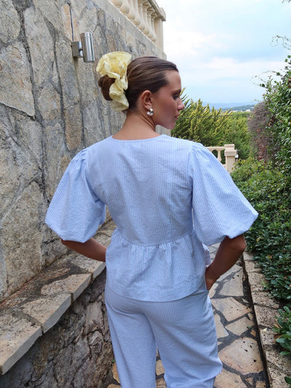 Mya bow bluse - white with blue stripes Helene Studios