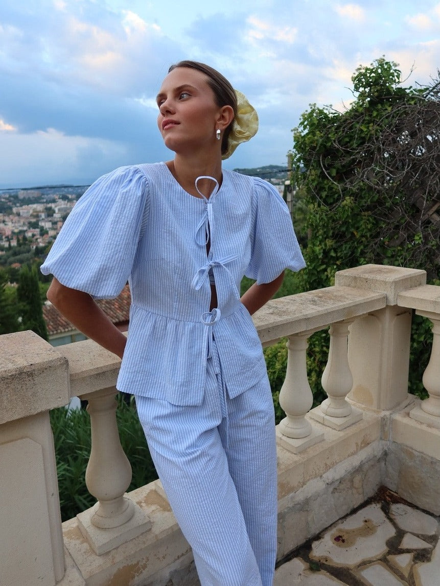 Mya bow bluse - white with blue stripes Helene Studios