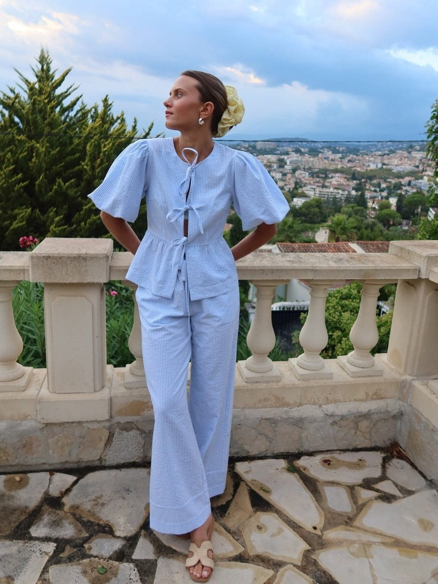 Mya bow bluse - white with blue stripes Helene Studios
