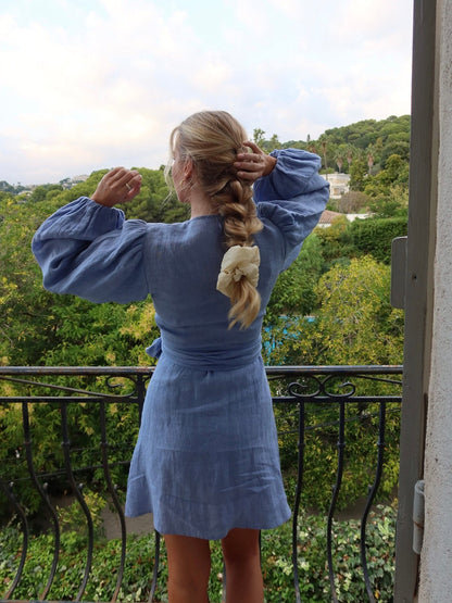 Locki linen wrap kjole - blue Helene Studios